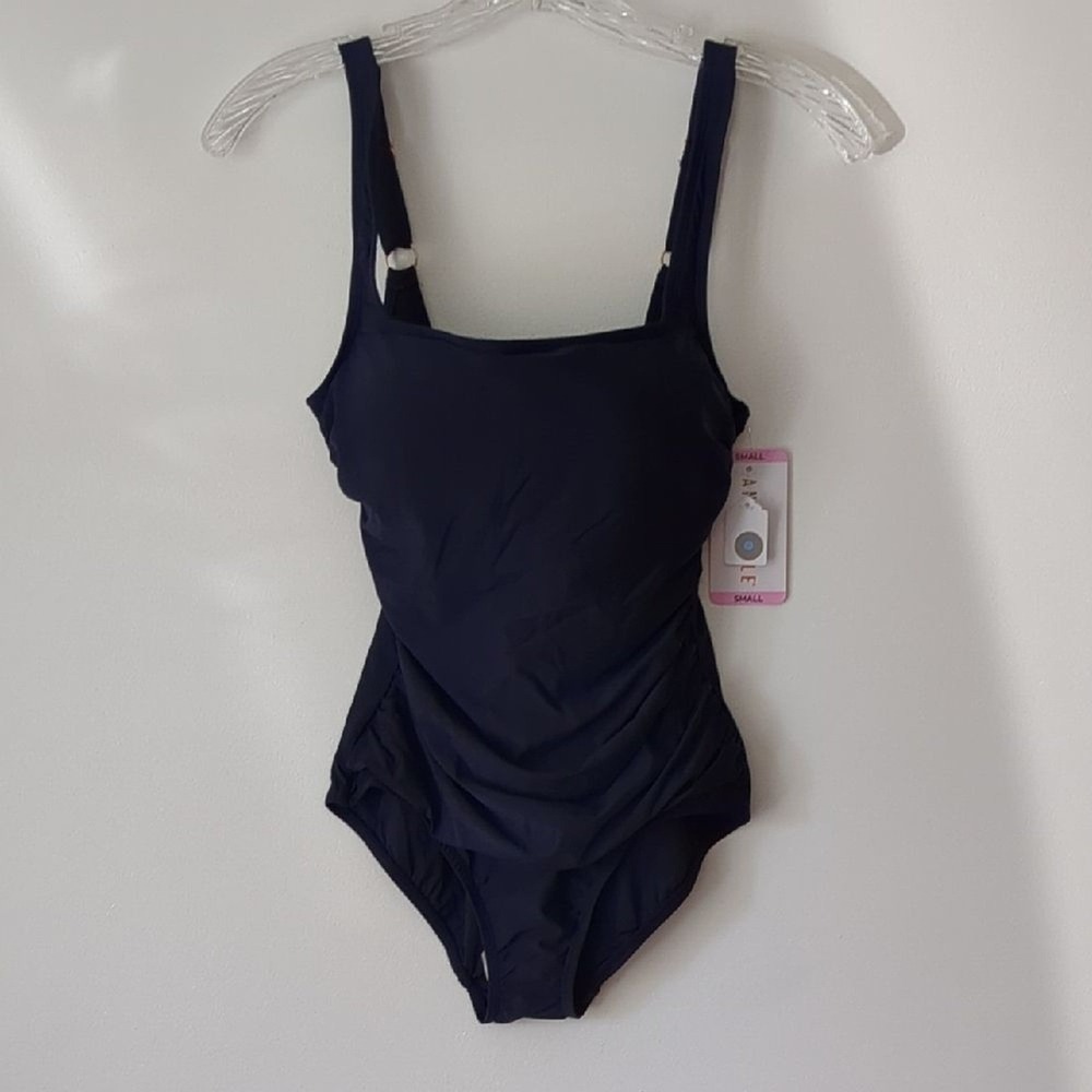 Anne Cole One Piece Swimsuit Square Neck Ruched Side Navy UPF 50 Small ACS0600